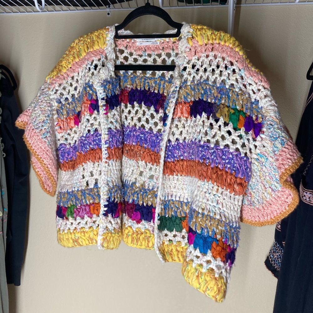 Anthropology Rainbow Crochet Short-Sleeve Cardigan XS/S